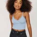 Featured thumbnail for Ribbed Light Blue V-Neck Cropped Cami with Lace Trim Garage Camisole Crop Top Bleu Col V à Dentelle