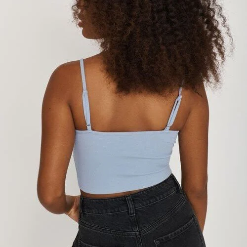 Image for Ribbed Light Blue V-Neck Cropped Cami with Lace Trim Garage Camisole Crop Top Bleu Col V à Dentelle
