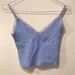 Thumbnail for Ribbed Light Blue V-Neck Cropped Cami with Lace Trim Garage Camisole Crop Top Bleu Col V à Dentelle