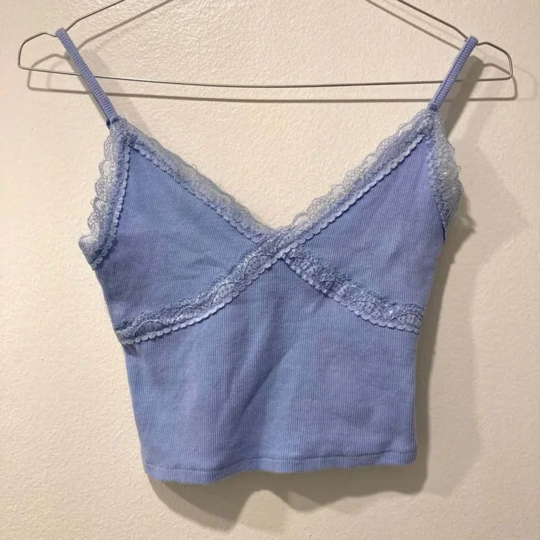 Image for Ribbed Light Blue V-Neck Cropped Cami with Lace Trim Garage Camisole Crop Top Bleu Col V à Dentelle