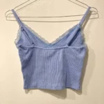 Thumbnail for Ribbed Light Blue V-Neck Cropped Cami with Lace Trim Garage Camisole Crop Top Bleu Col V à Dentelle