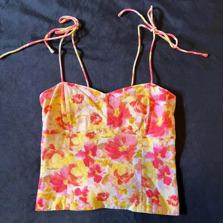 Image for Haut Camisole Fleurie Rose Jaune Old Navy Pink & Yellow Floral Fitted Cami Top Tie-Shoulder Straps