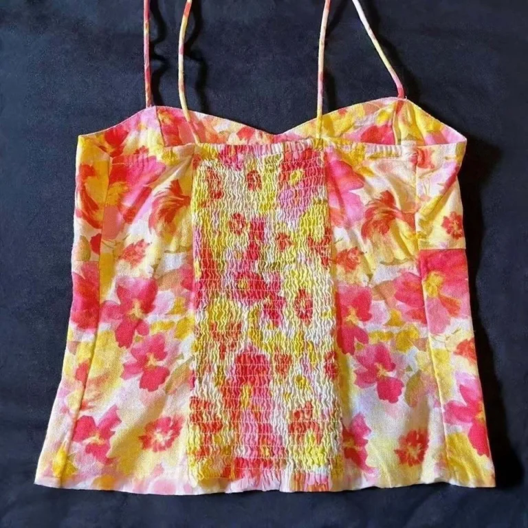 Image for Haut Camisole Fleurie Rose Jaune Old Navy Pink & Yellow Floral Fitted Cami Top Tie-Shoulder Straps