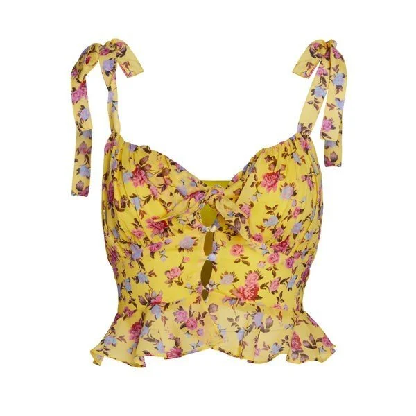 Image for Camisole Courte Fleurie Jaune Rose Volant For Love & Lemons Yellow Pink Floral Ruffle Cami Crop Top