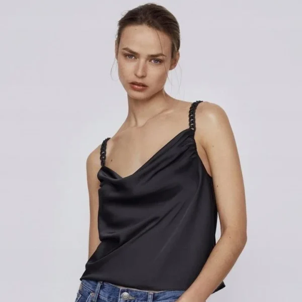 Image for Haut Camisole Noire Bretelles à Chaînes Zara Black Cowl Neck Cami Top with Chain Straps