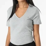 Featured thumbnail for Haut Gris Col en V Tommy Hilfiger Grey V-Neck T-Shirt Top