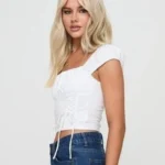 Thumbnail for T-Shirt Blanc Froncé à Lacets Princess Polly White Ruched Crop Top T-Shirt with Lace Up Detail