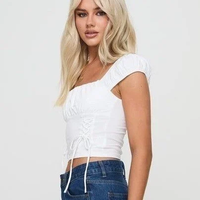 Image for T-Shirt Blanc Froncé à Lacets Princess Polly White Ruched Crop Top T-Shirt with Lace Up Detail
