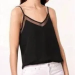 Featured thumbnail for Haut Camisole Noire Col en V Dex Black Mesh Trim V-Neck Cami Top