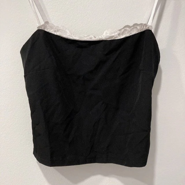 Image for Black Cami Crop Top with White Lace Trim - Haut Camisole Noire avec Bordure Blanche en Dentelle