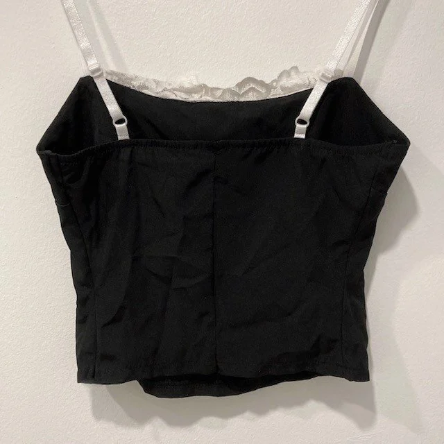 Image for Black Cami Crop Top with White Lace Trim - Haut Camisole Noire avec Bordure Blanche en Dentelle