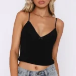 Featured thumbnail for Black Crop Top Cami with Bow & Lace Trim - Haut Camisole Noire à Dentelle