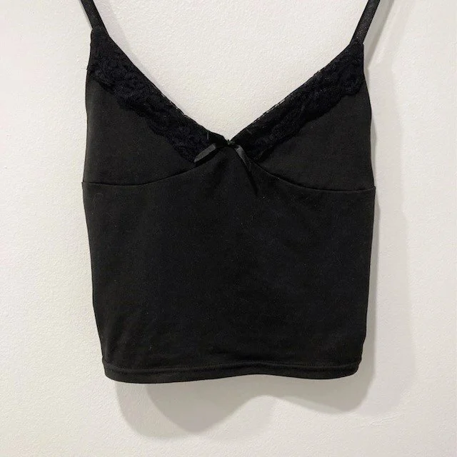 Image for Black Crop Top Cami with Bow & Lace Trim - Haut Camisole Noire à Dentelle