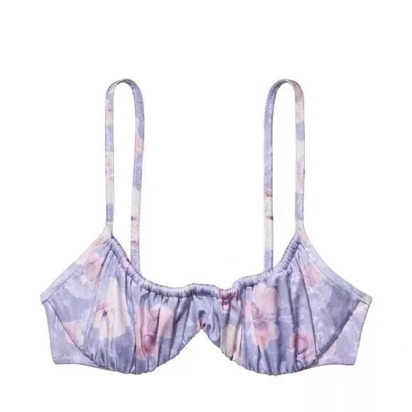 Image for Haut Maillot Bikini Mauve Rose Fleuri Victoria's Secret Ice Queen Floral Ruched Lilac Pink Swim Top