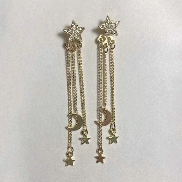 Image for Gold Moon and Stars Drop Earrings - Boucles d'Oreilles Pendantes Dorées Lune et Étoiles