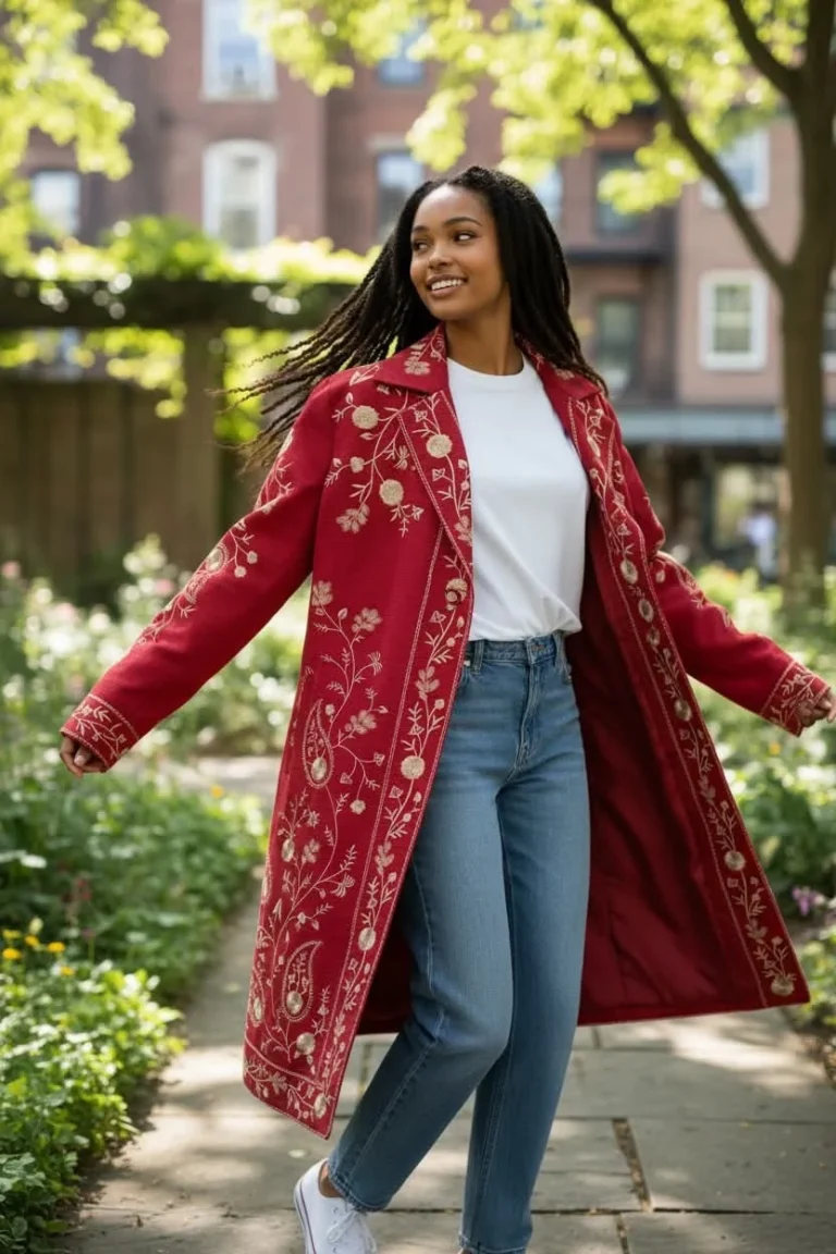 Featured image for Veste en soie rouge brodée de Silkland Petite