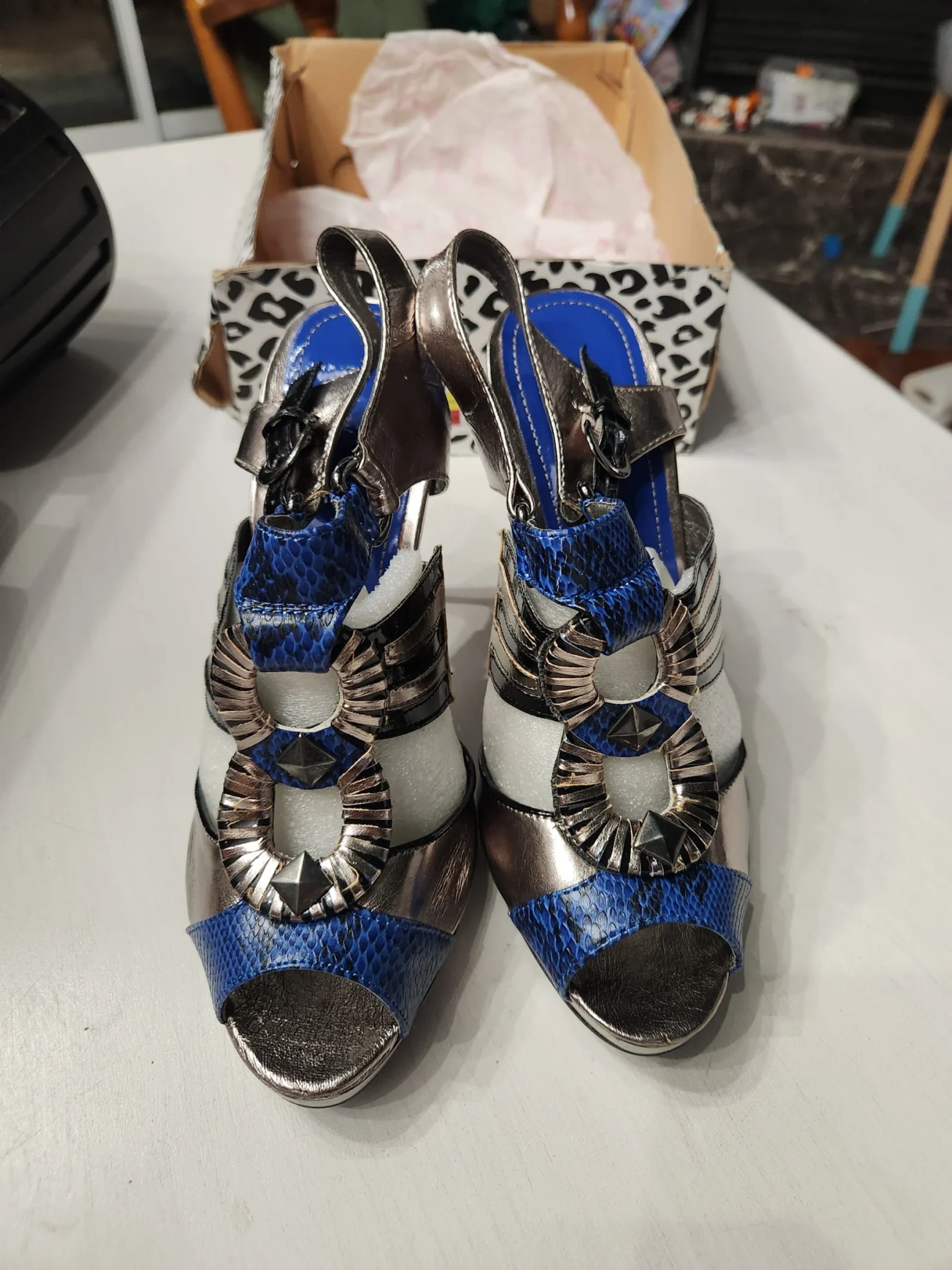 Featured image for BRAND NEW IN BOX | Anne Michelle heeled sandals – Python-effect & Metallic – Size 9