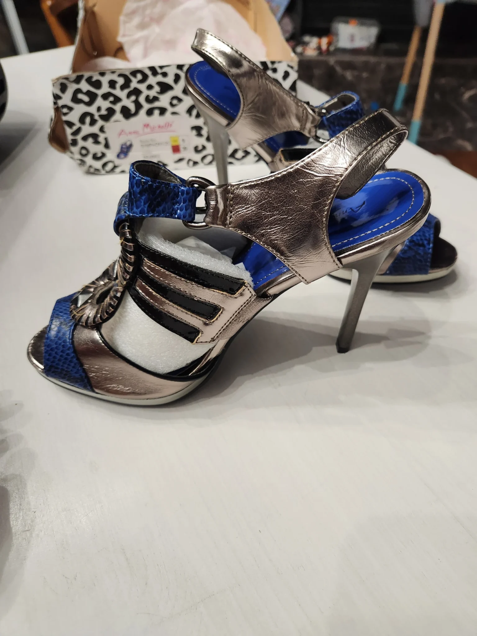 Image for BRAND NEW IN BOX | Anne Michelle heeled sandals – Python-effect & Metallic – Size 9