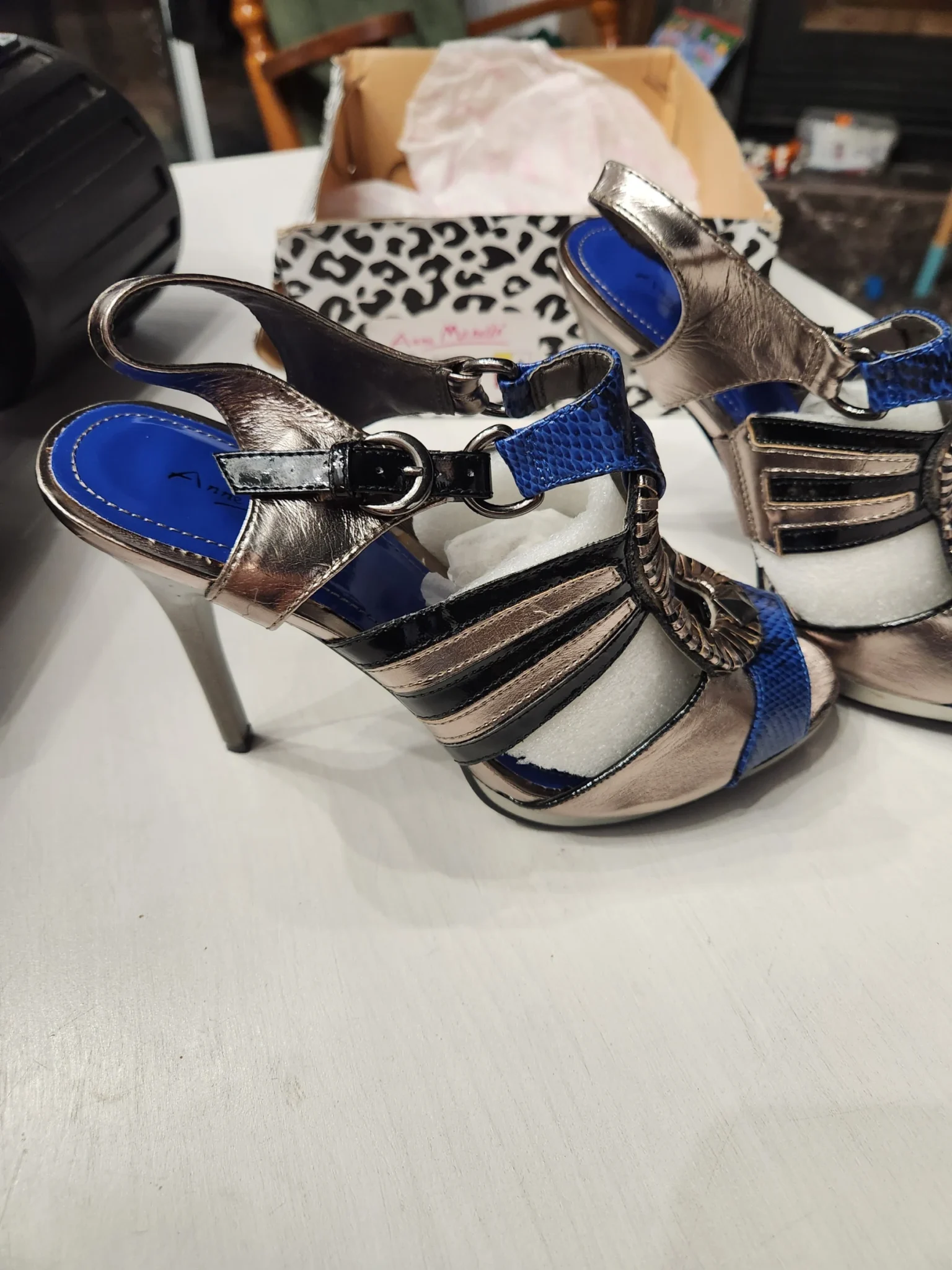 Image for BRAND NEW IN BOX | Anne Michelle heeled sandals – Python-effect & Metallic – Size 9