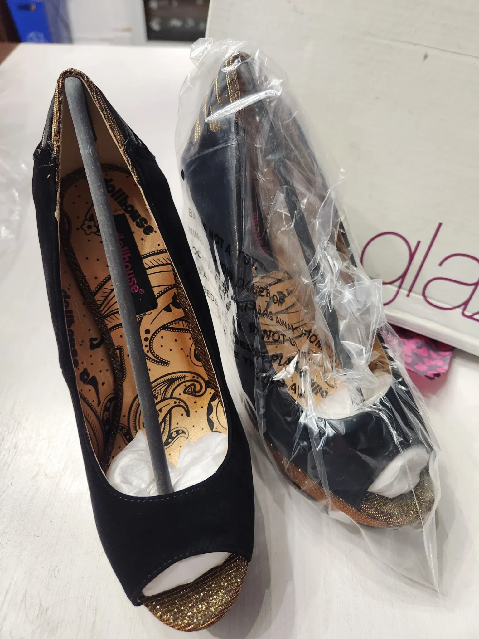 Image for Dollhouse ‘Randy’ Gold/Black sequinned platform heels – BRAND NEW – Size 6.5