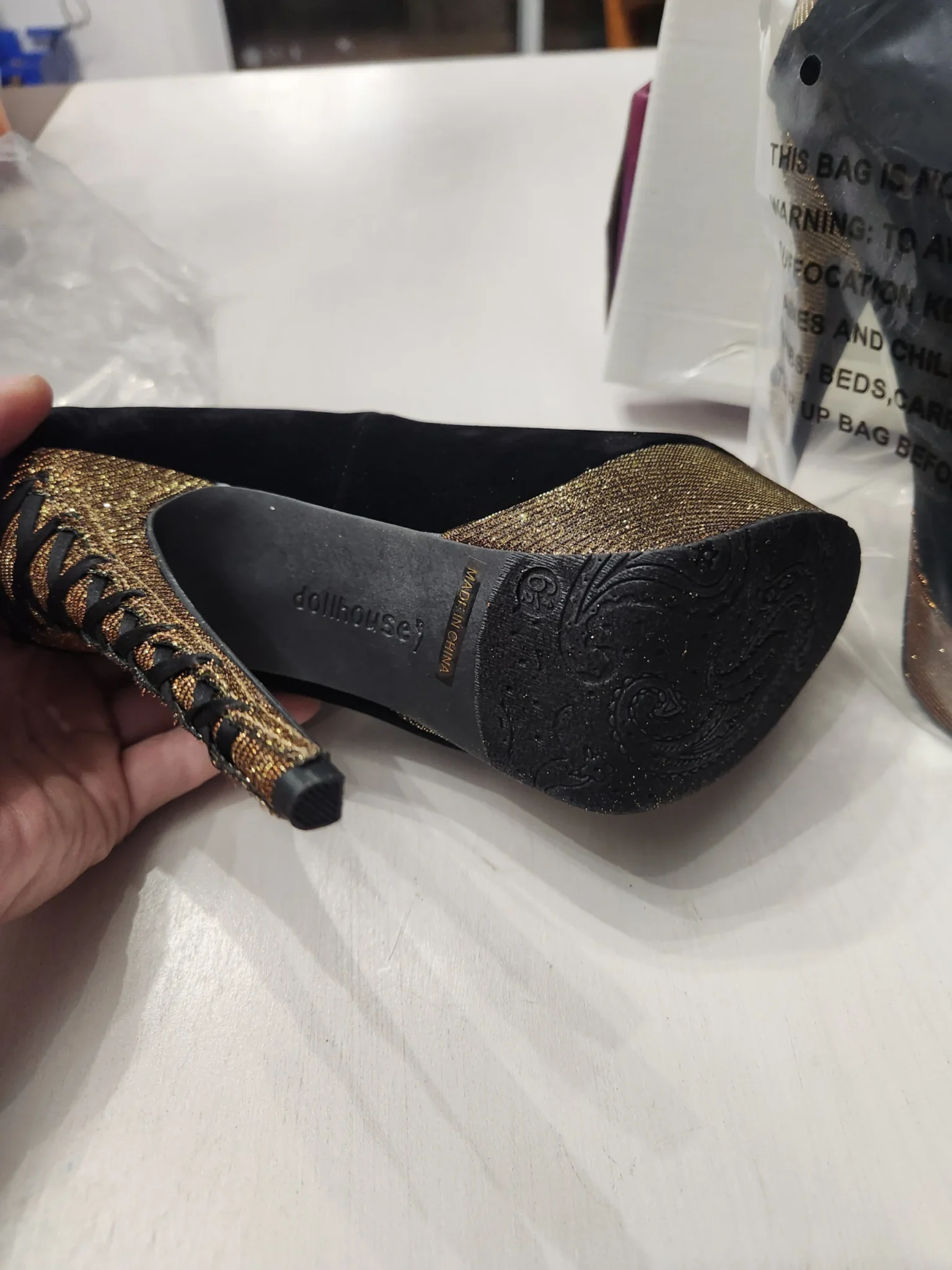 Image for Dollhouse ‘Randy’ Gold/Black sequinned platform heels – BRAND NEW – Size 6.5