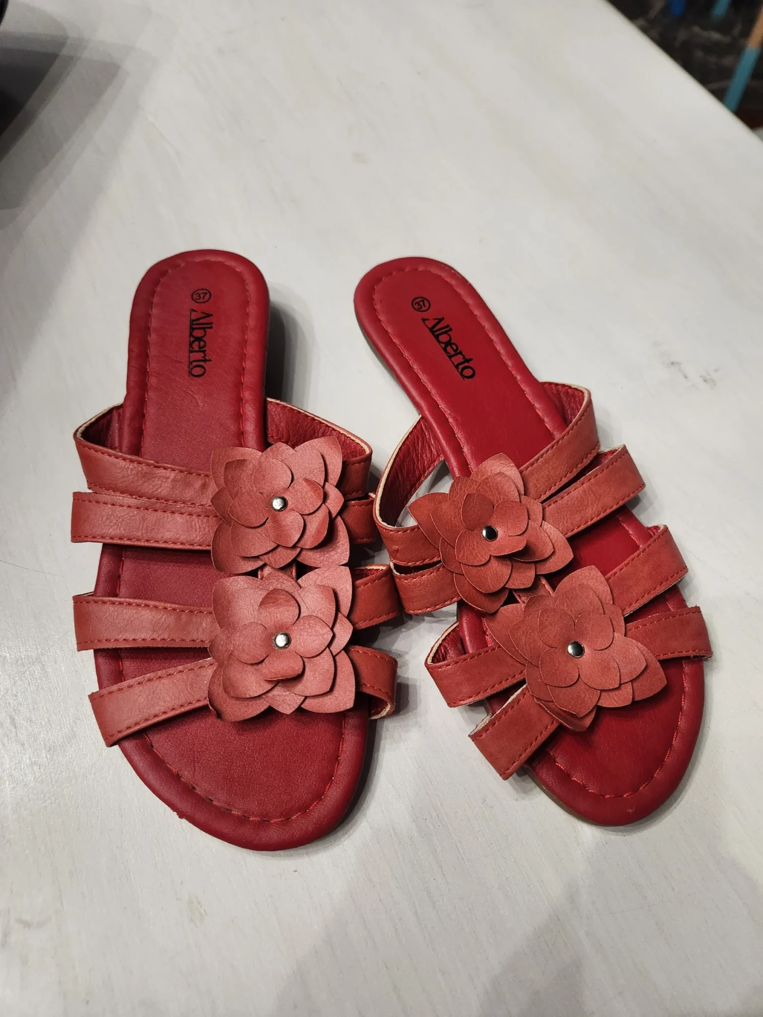 Image for Alberto red flat mules with floral print – Brand new – Size 37 (6.5)
