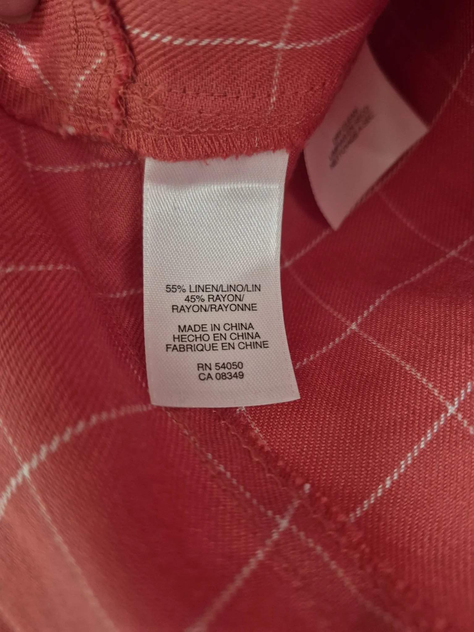 Image for Anne Klein fitted shirt in linen and rayon – Coral red with stained-glass-style checks – Vintage chic