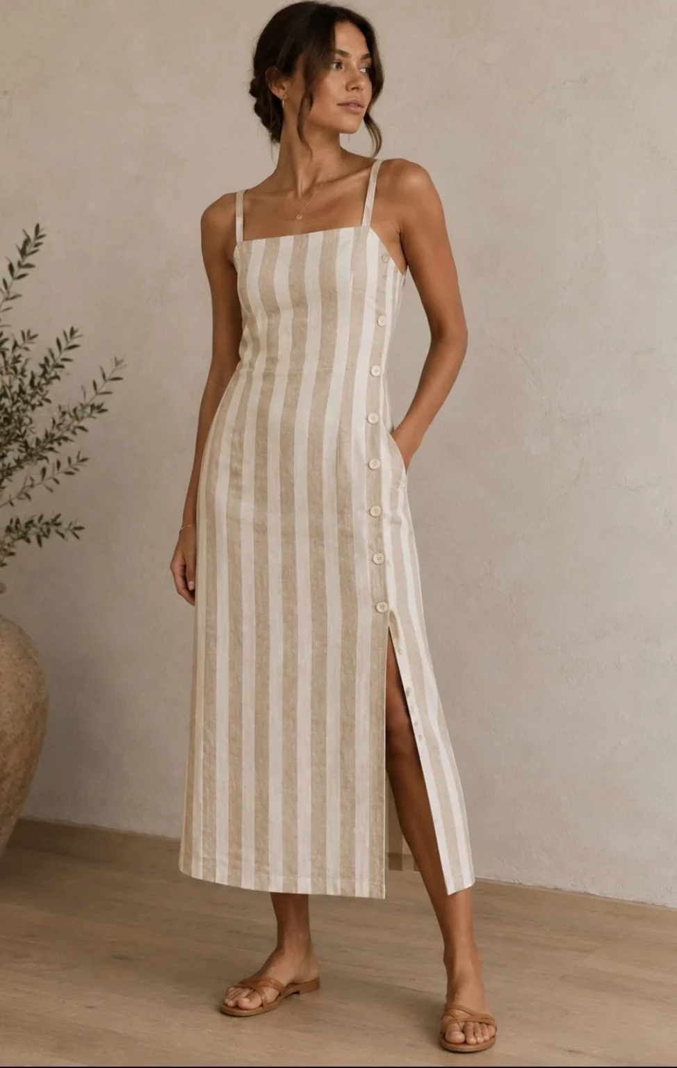 Featured image for Robe midi en mélange de coton à boutons latéraux