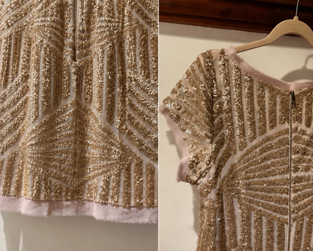 Image for Robe cocktail Vince Camuto à paillettes champagne – Taille 14