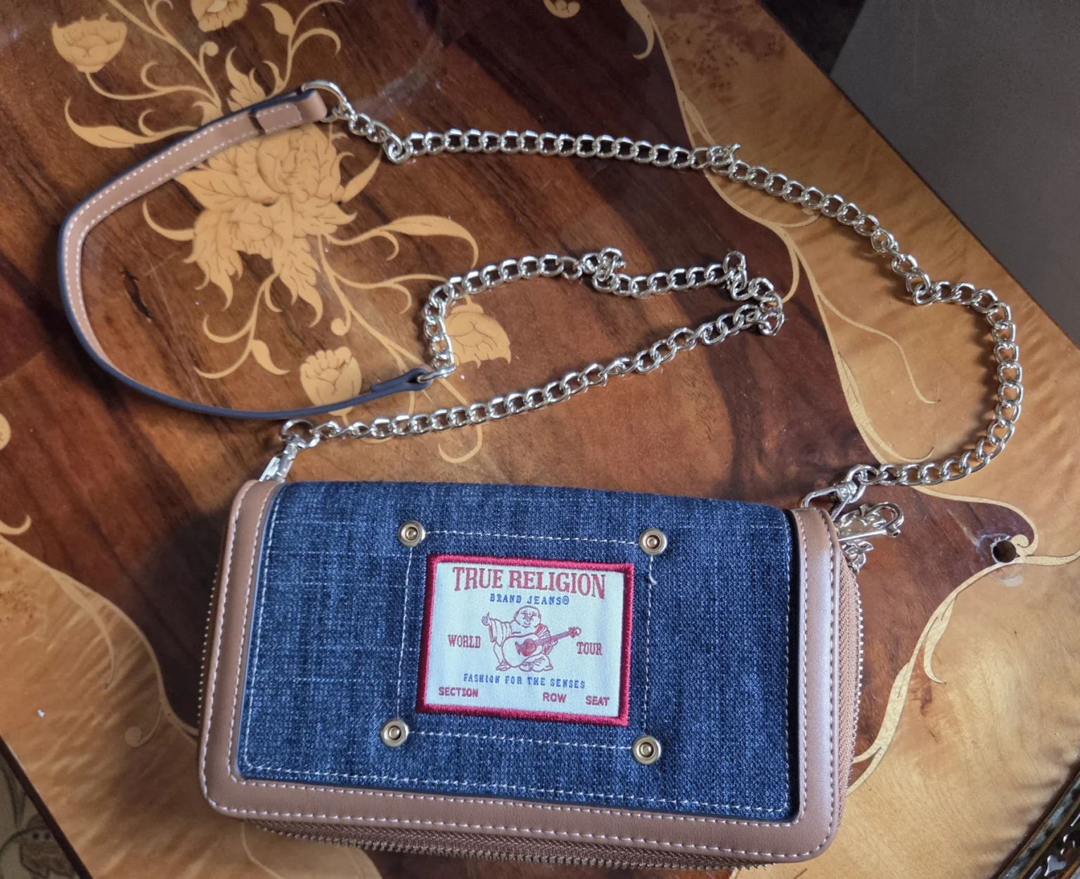 Featured image for True Religion – Denim crossbody bag with tan leather trim