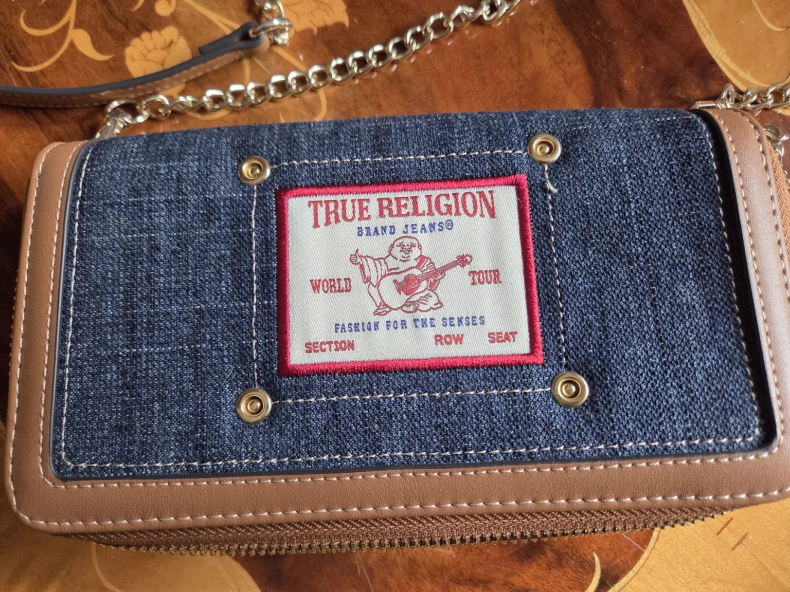 Image for True Religion – Denim crossbody bag with tan leather trim