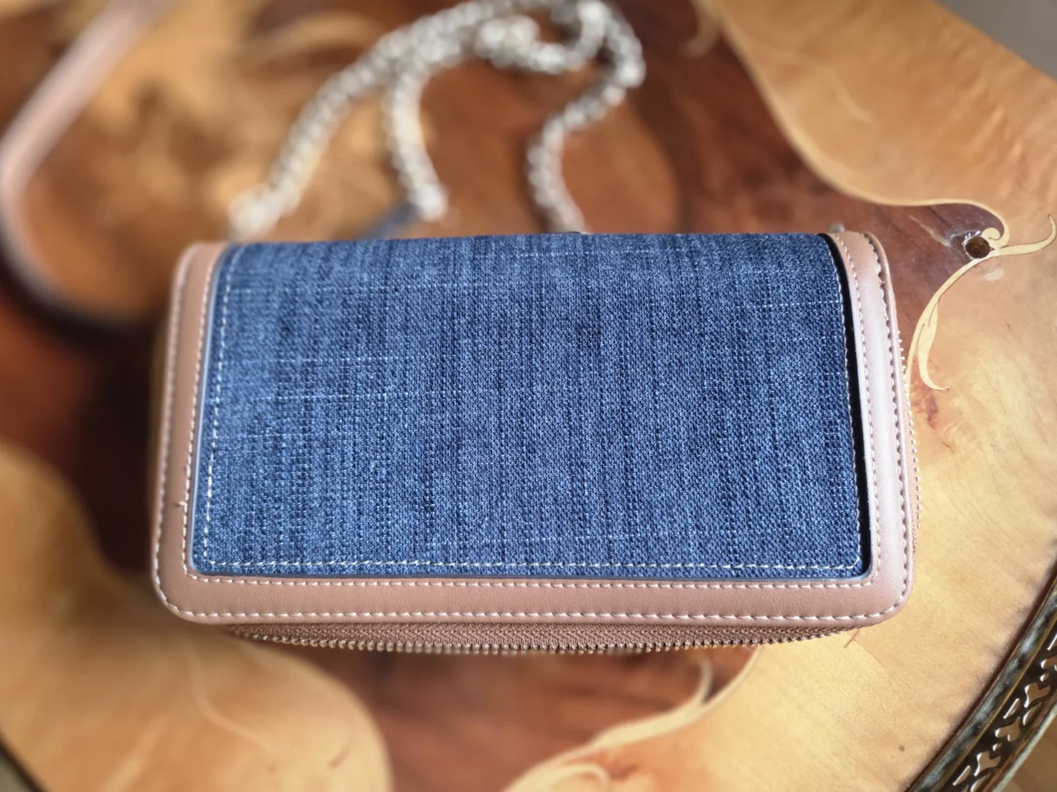 Image for True Religion – Denim crossbody bag with tan leather trim