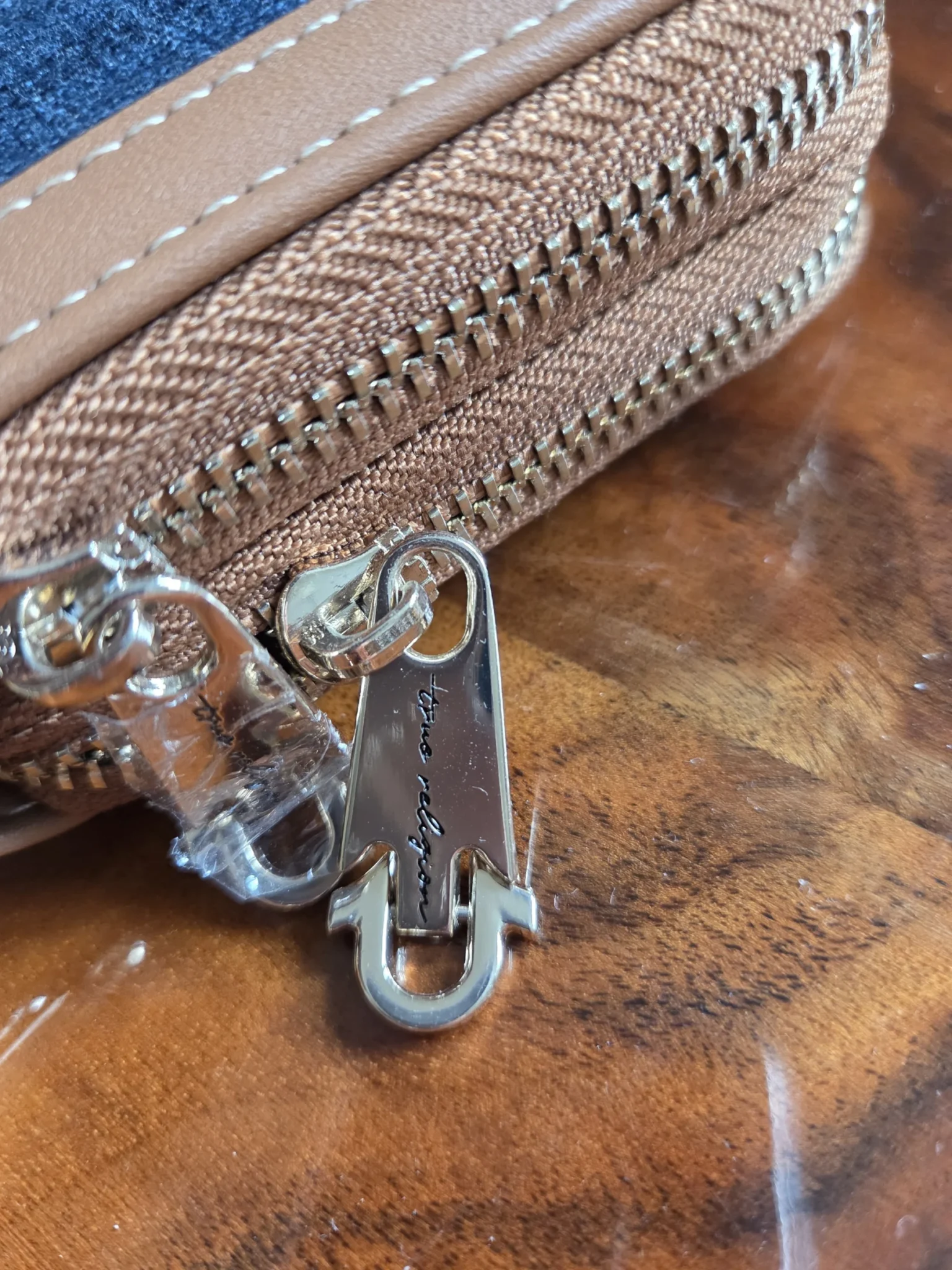 Image for True Religion – Denim crossbody bag with tan leather trim