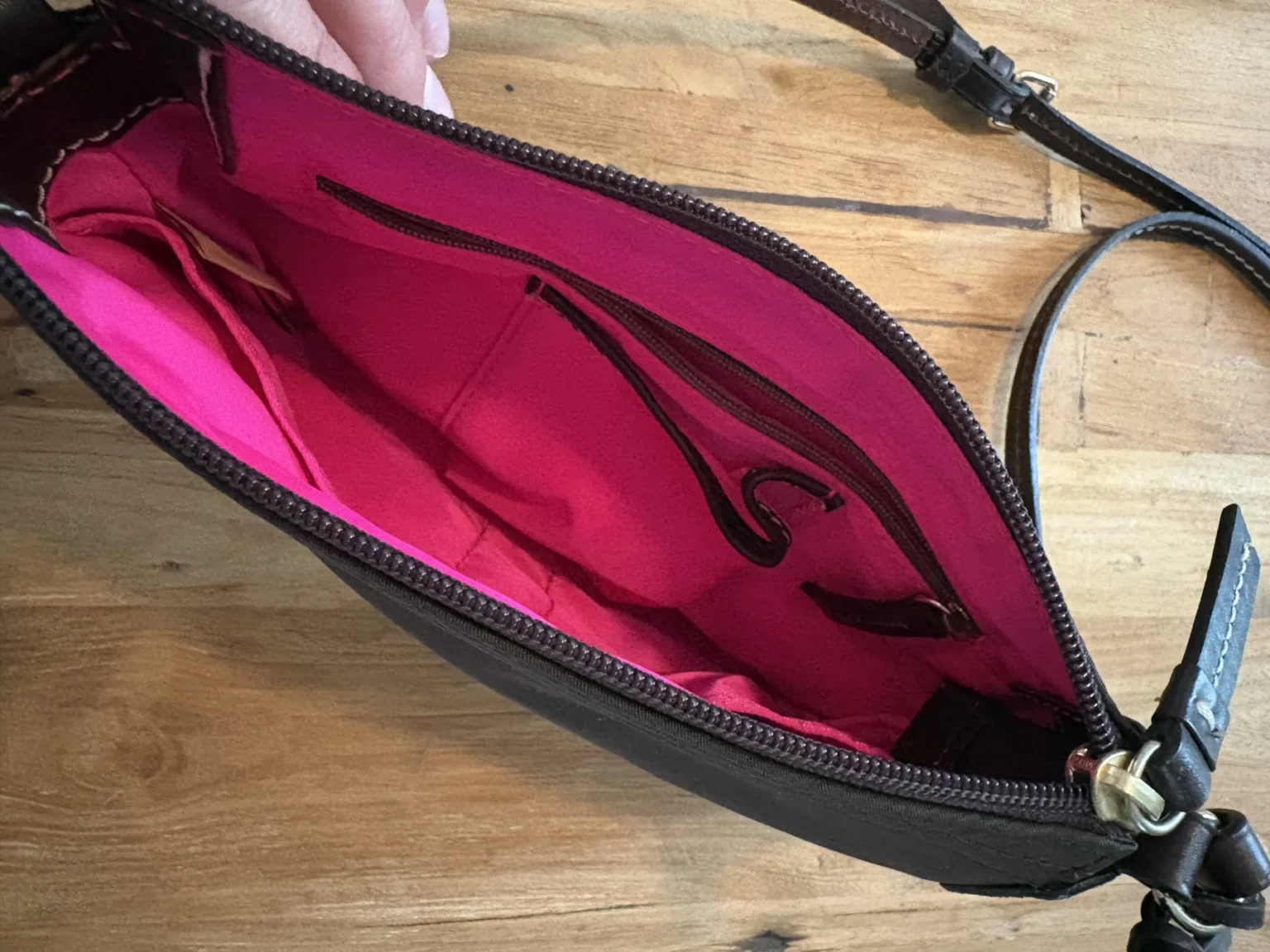 Image for Dooney & Bourke shoulder bag – brown nylon, leather & pink lining