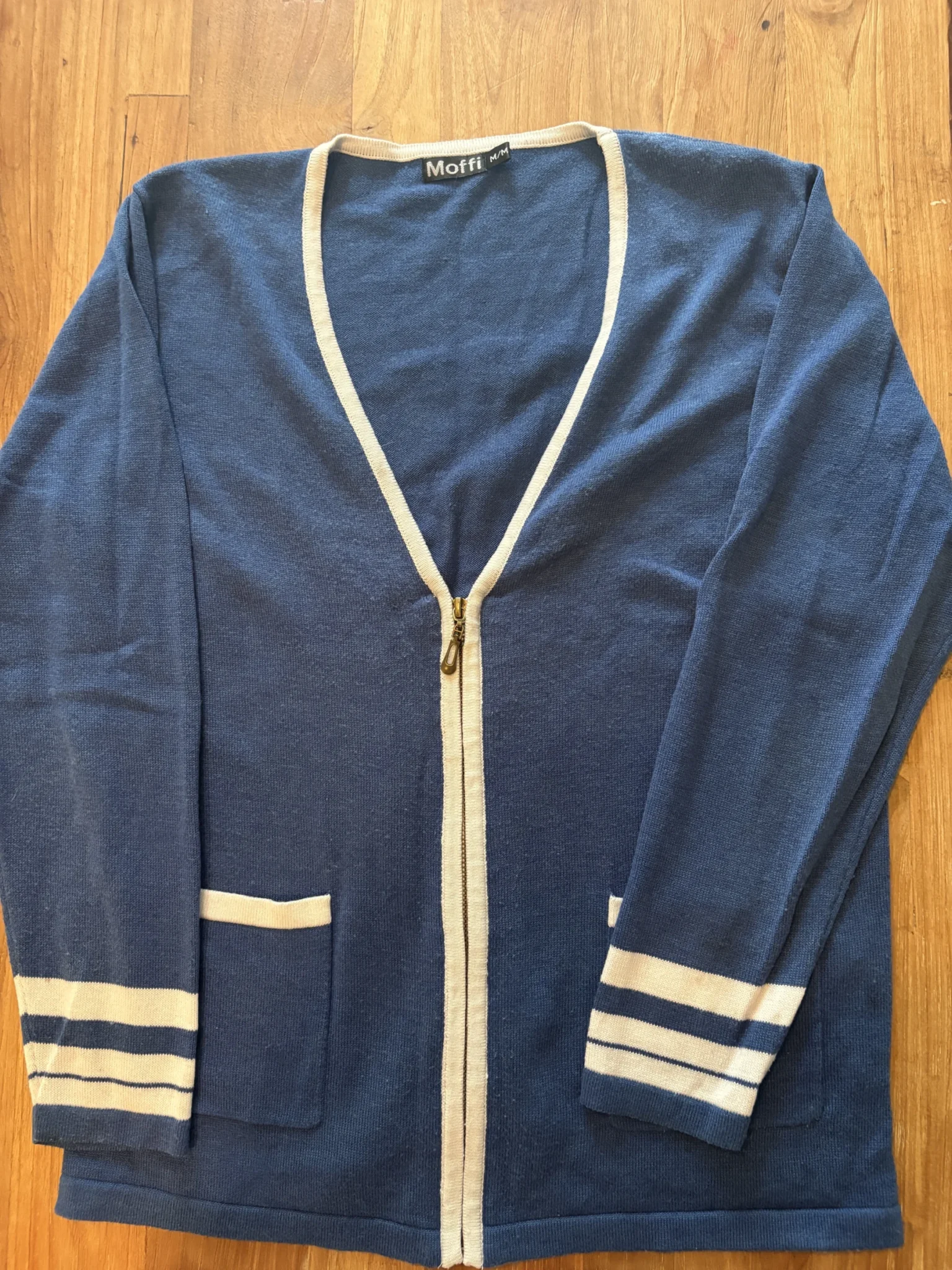 Featured image for Moffi blue and white zipped cardigan – Size M/M