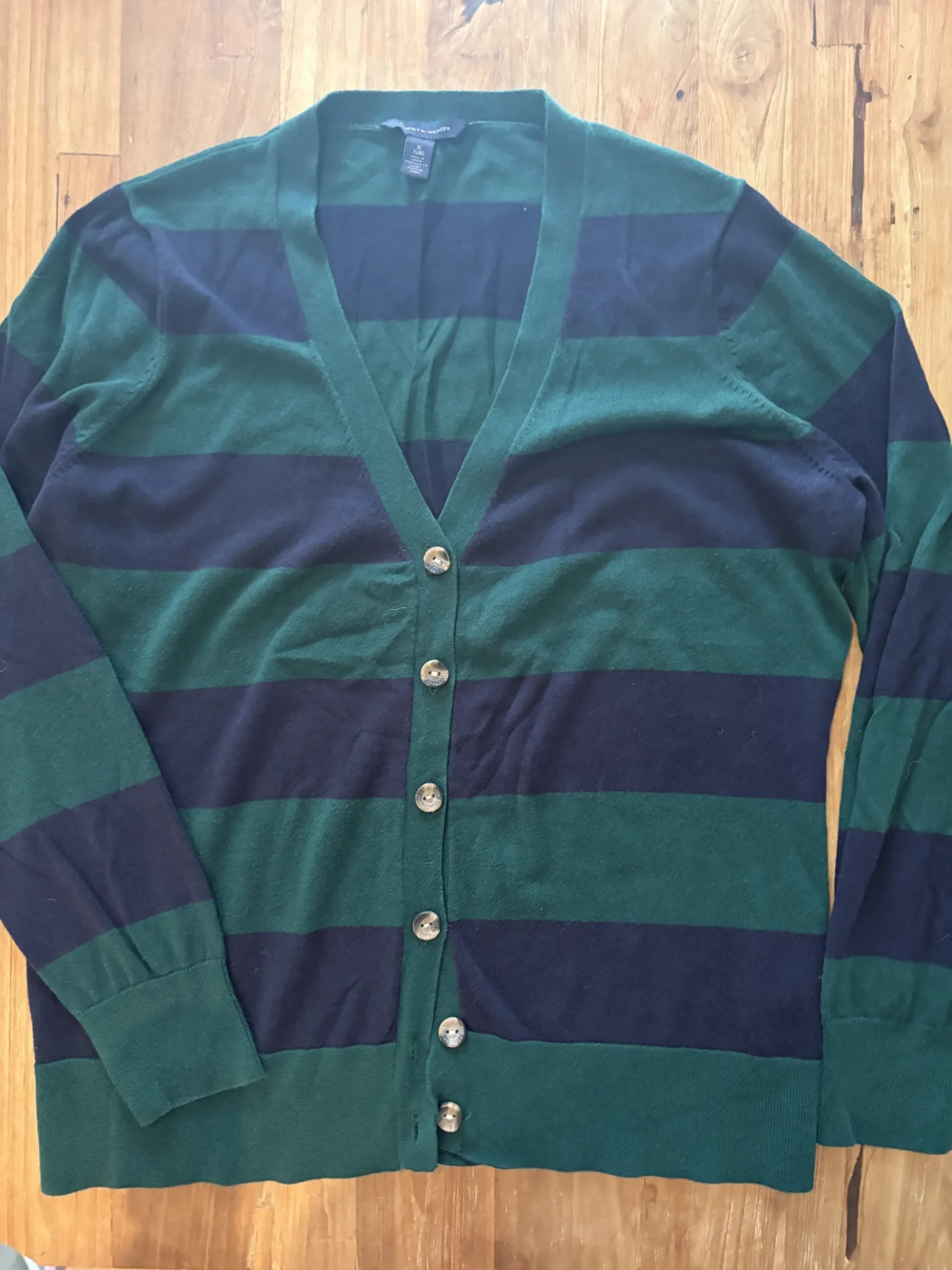 Featured image for Tommy Hilfiger green and navy striped cardigan – Size XL