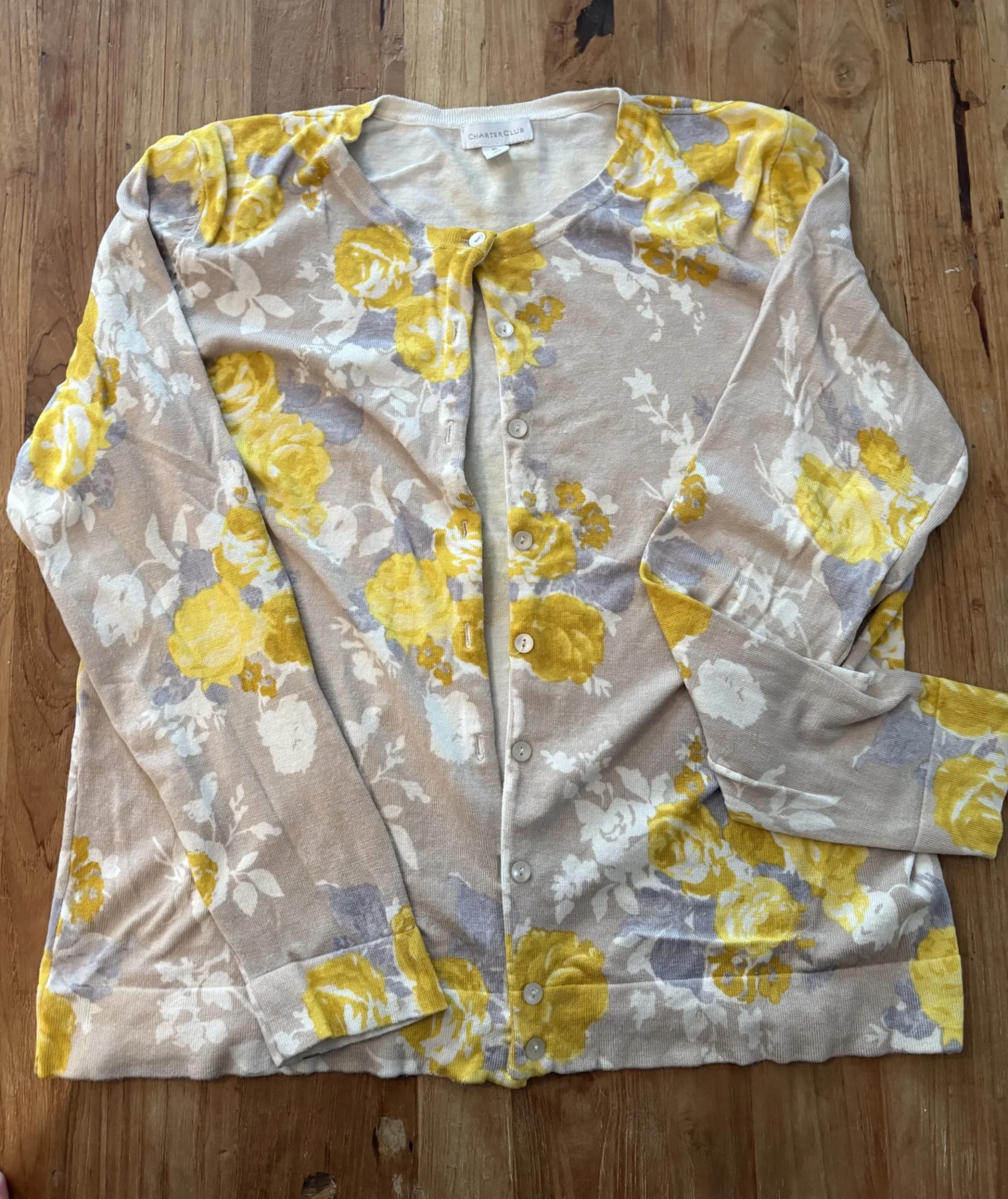 Featured image for Charter Club — Beige, yellow and grey floral cardigan — XL