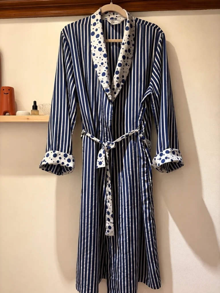 Featured image for Peignoir vintage Diamond Tea – rayures marine et blanc – détails à pois