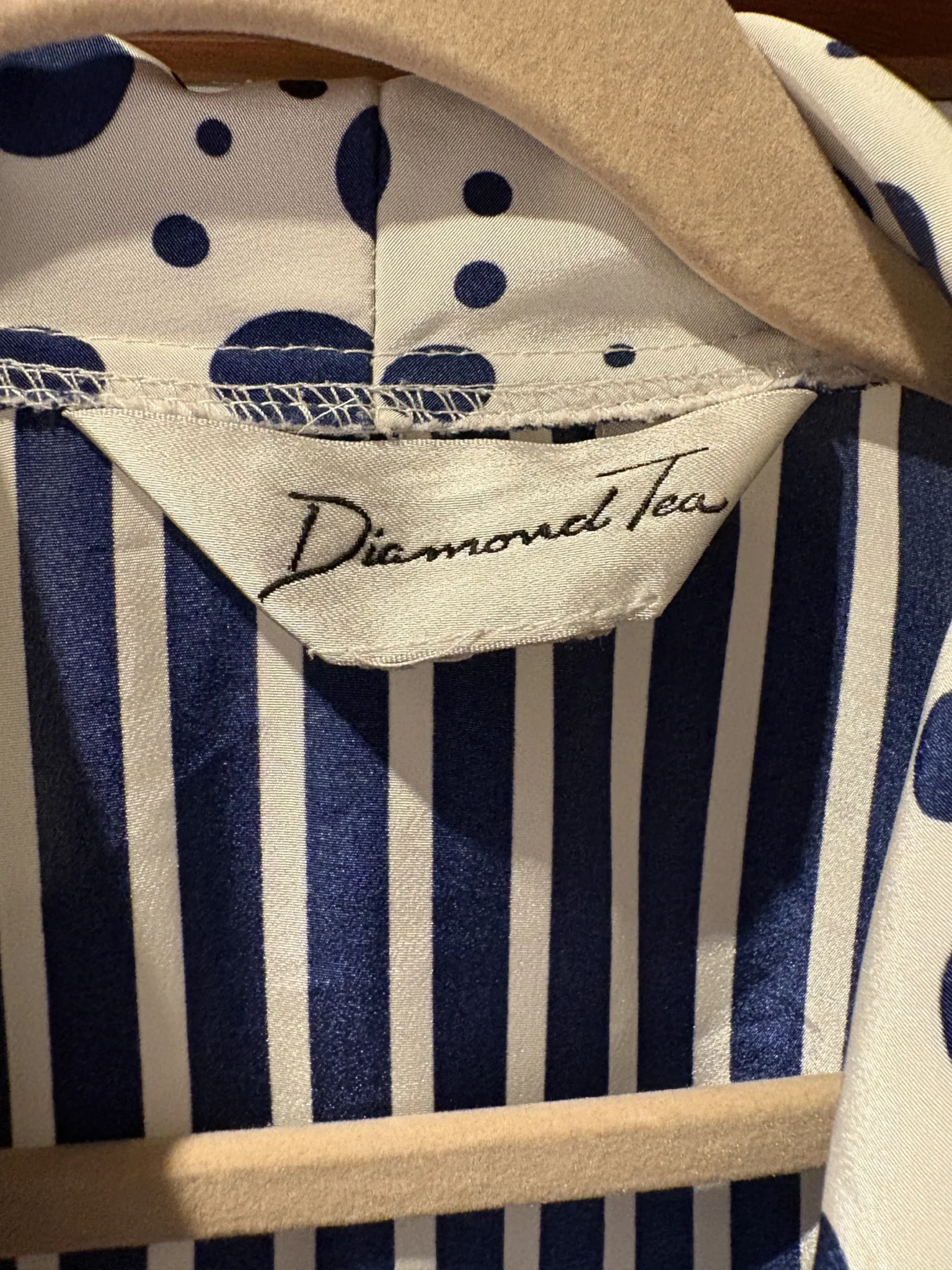 Image for Peignoir vintage Diamond Tea – rayures marine et blanc – détails à pois