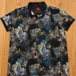Featured thumbnail for Black polo shirt with abstract graphic patterns – size L