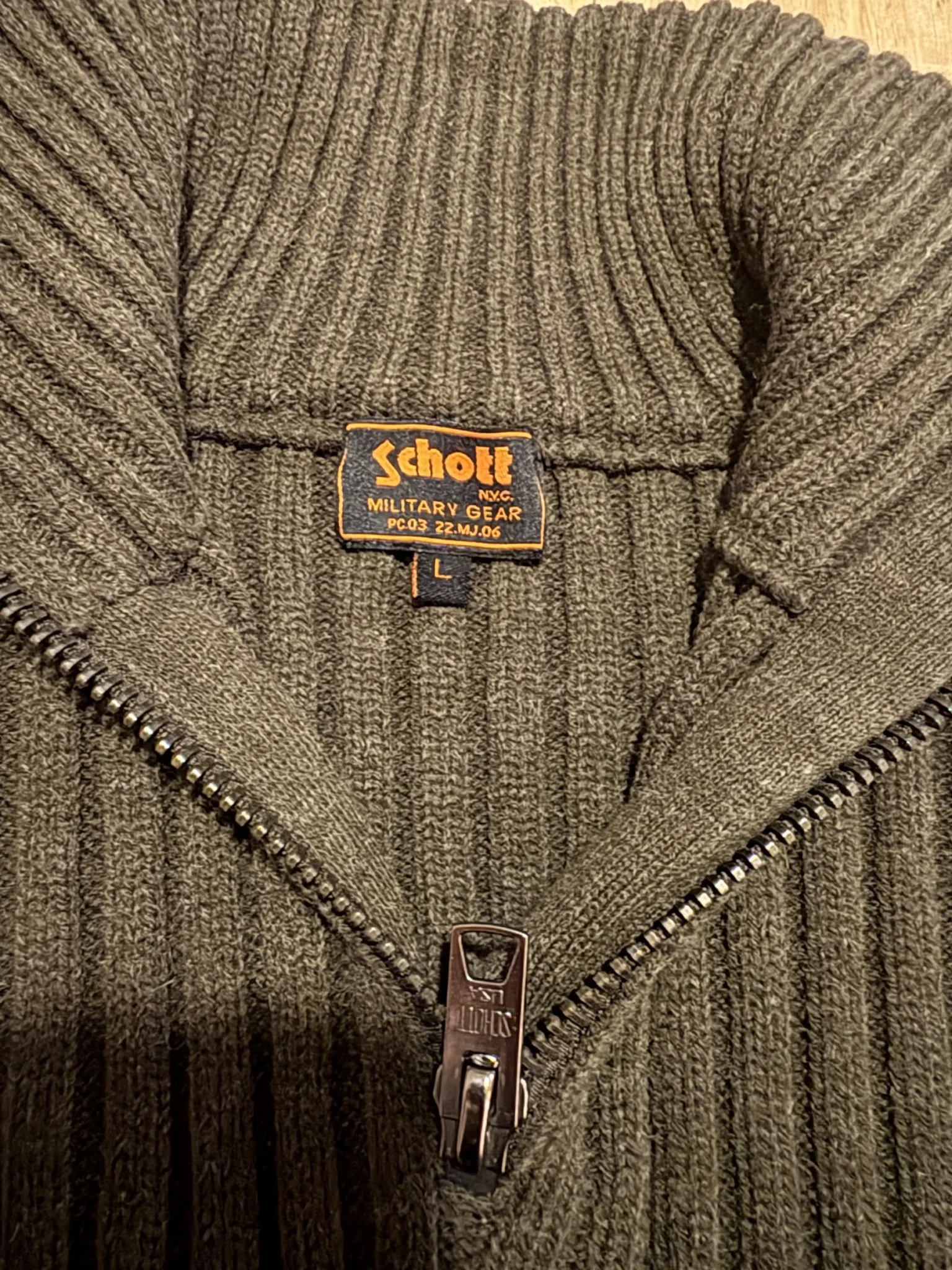 Image for Schott NYC Military Gear zip-up jumper – size L – military style with elbow reinforcements