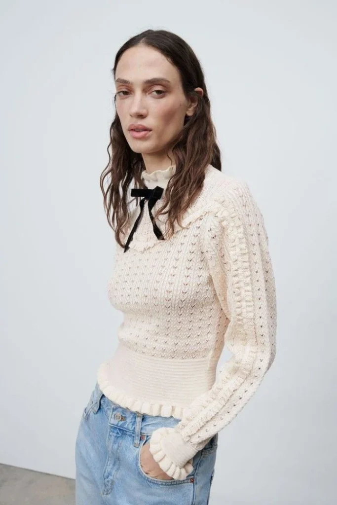 Image for Pull Zara blanc écru et noir taille XL manches ballons