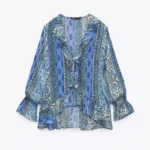 Featured thumbnail for Blouse Zara taille M manches longues/larges à volants bleu fleuris