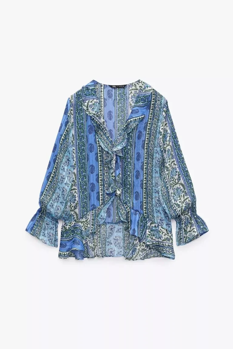 Featured image for Blouse Zara taille M manches longues/larges à volants bleu fleuris