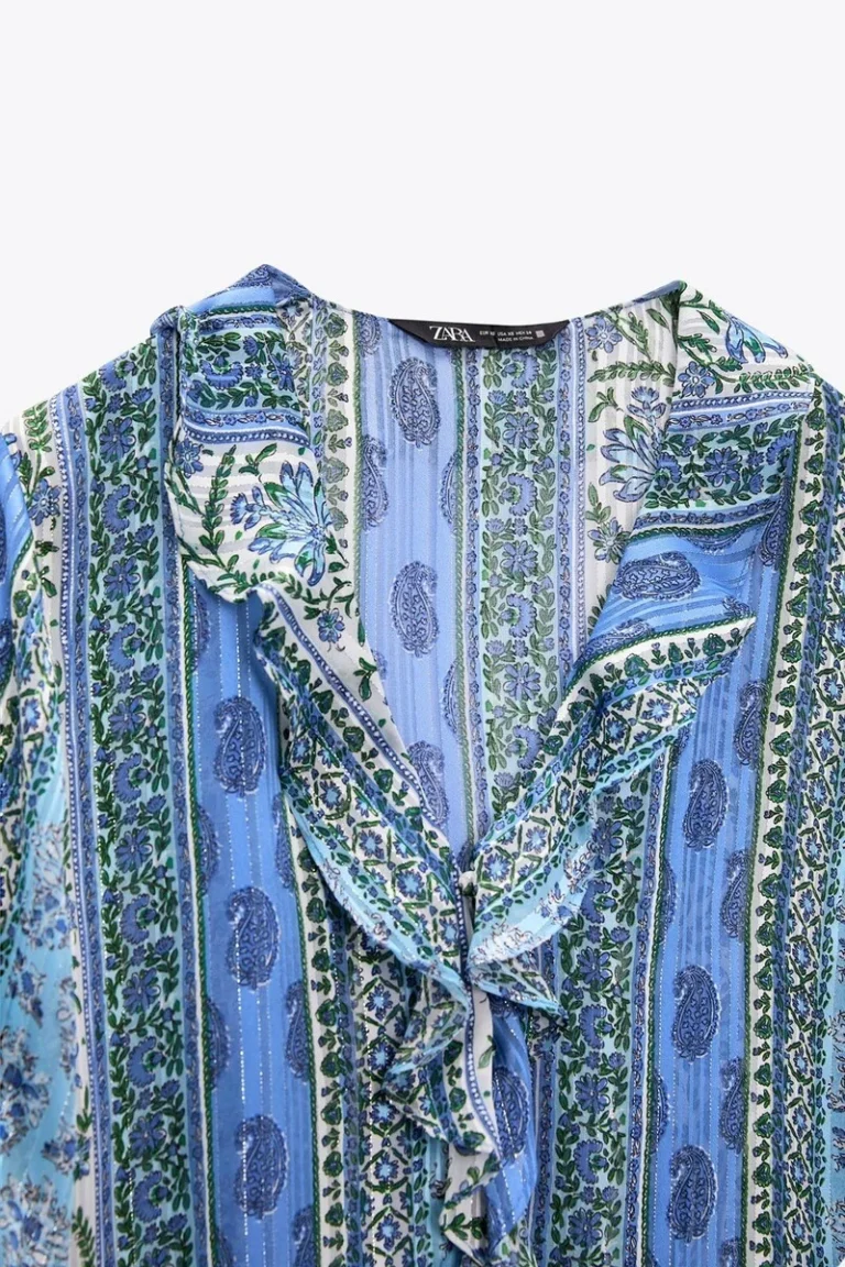 Image for Blouse Zara taille M manches longues/larges à volants bleu fleuris