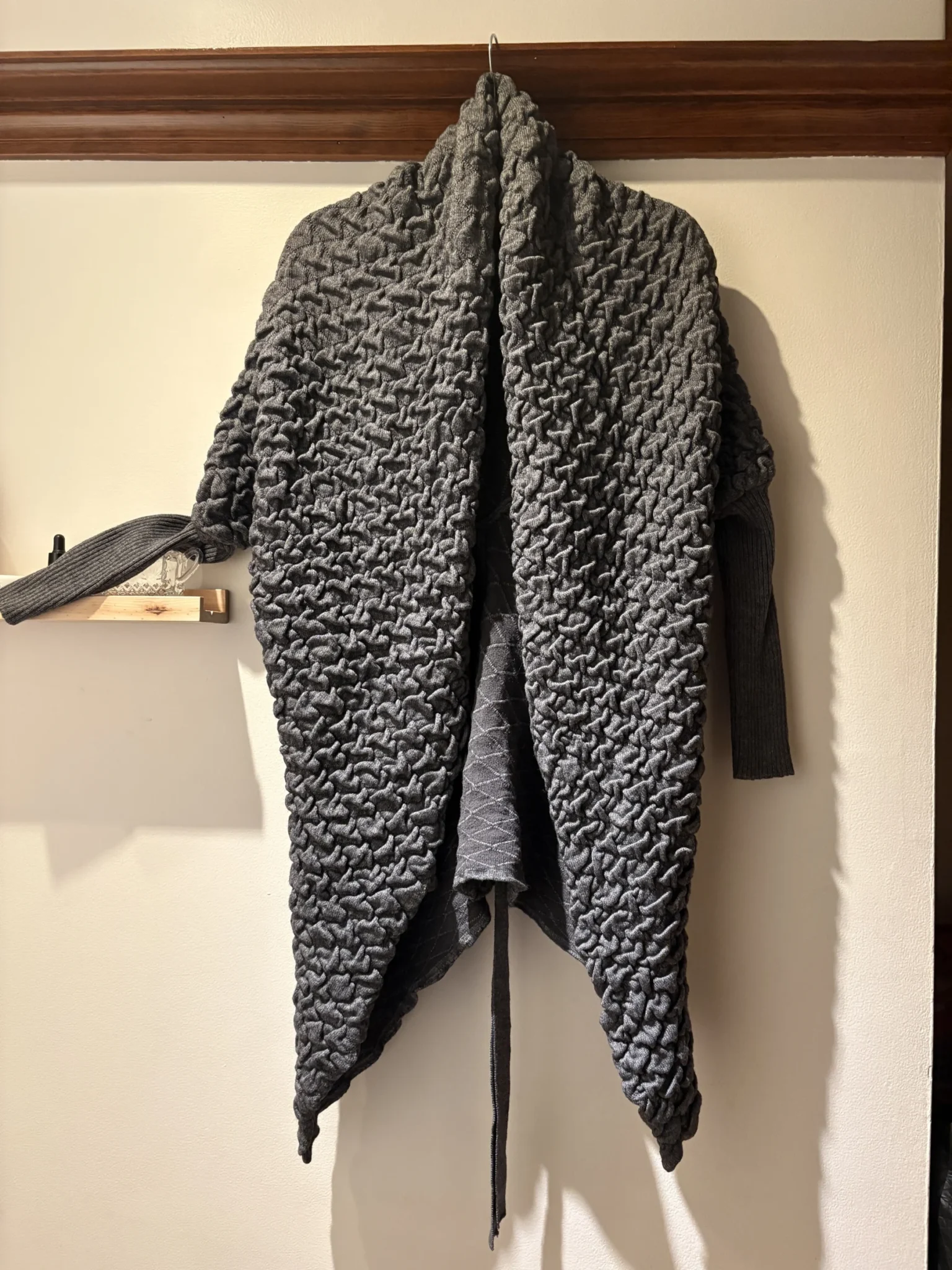 Image for Long, dark grey cardigan with a textured knit – asymmetrical draped cut