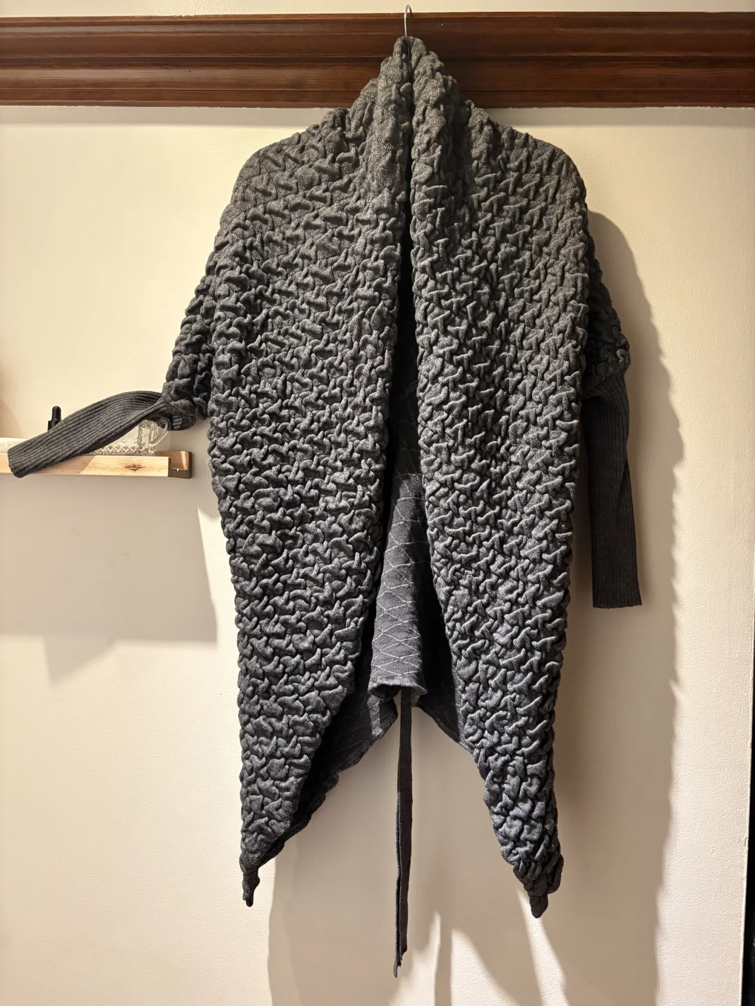 Image for Long, dark grey cardigan with a textured knit – asymmetrical draped cut