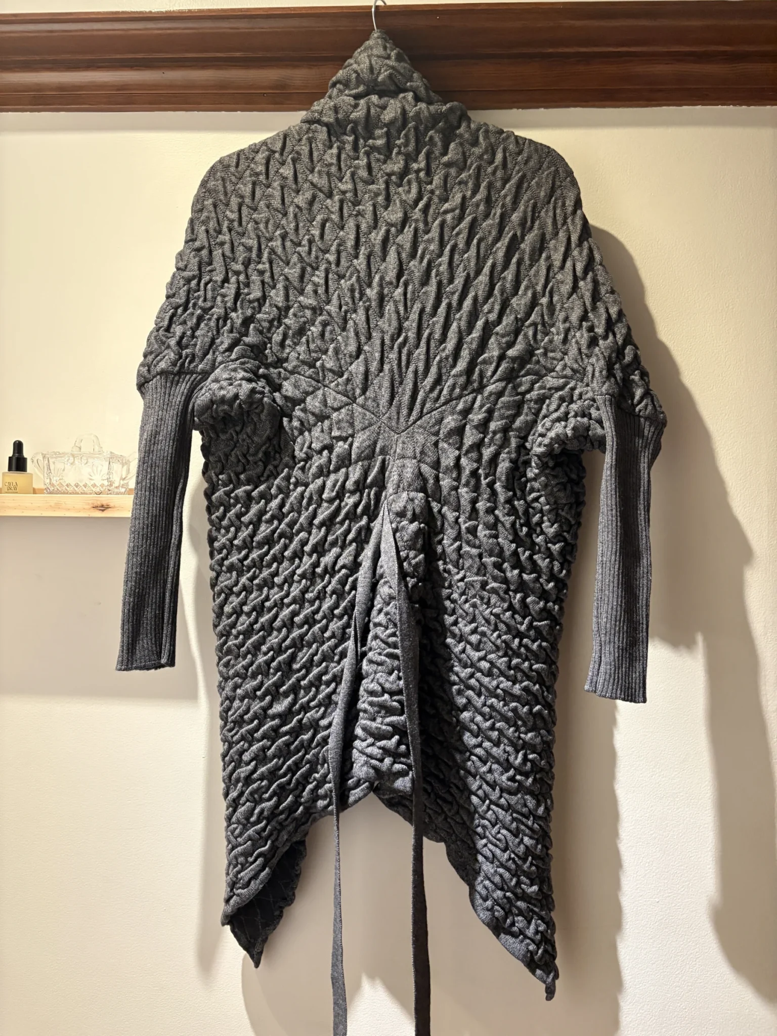 Image for Long, dark grey cardigan with a textured knit – asymmetrical draped cut