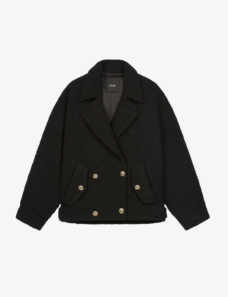 Featured image for Manteau court Maje noir avec bouton doré taille 36 effet tweed