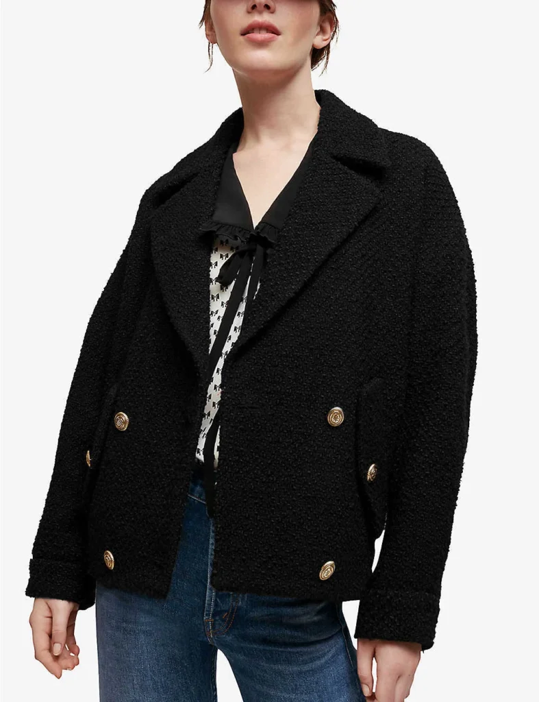 Image for Manteau court Maje noir avec bouton doré taille 36 effet tweed